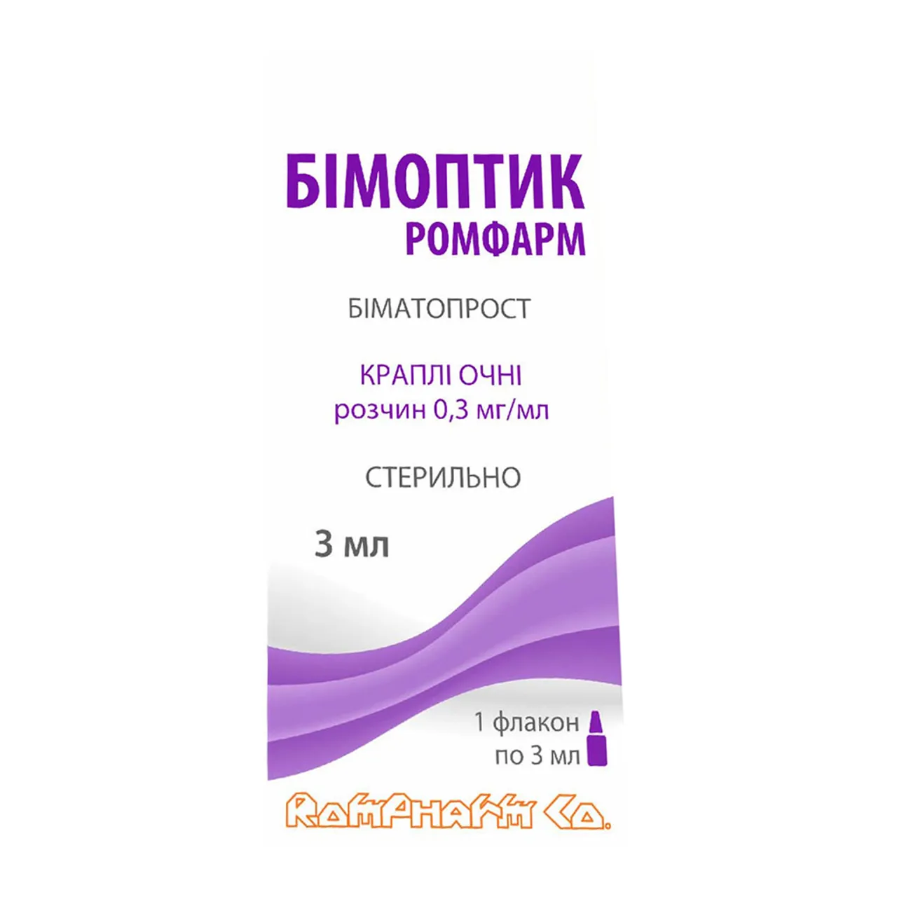 Фото товару «Бімоптик Ромфарм краплі очні 0,3мг/мл 3мл флакон» №1