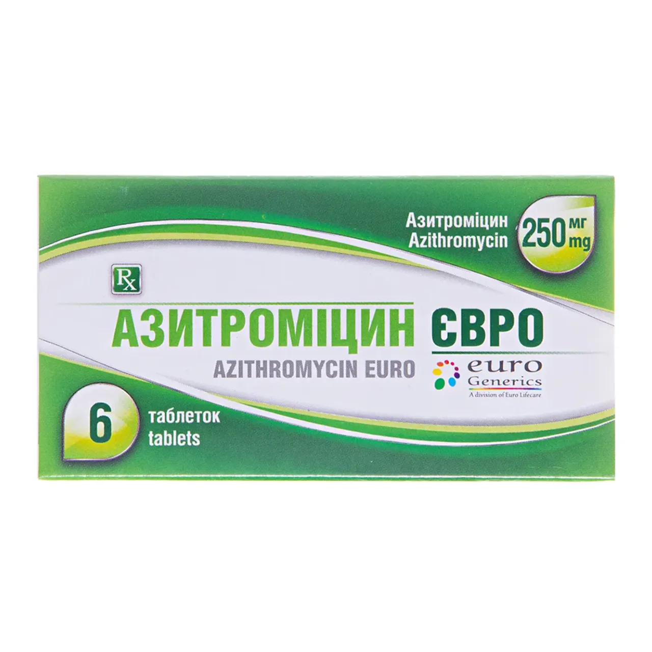 Фото товару «Азитроміцин Євро таблетки вкриті оболонкою 250мг №6 блістер» №1