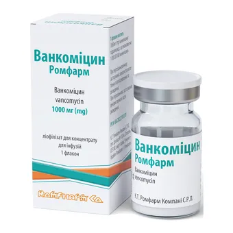 Фото товару «Ванкоміцин Ромфарм ліофілізат для розчину для інфузій 1000мг флакон»