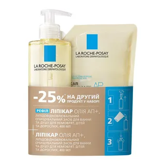 Фото товару «Набір Олія La Roche-Posay Lipikar AP+ ліпідовідновлювальна очищувальна для ванни та душу для немовлят, дітей та дорослих 400мл флакон + рефіл 400мл»