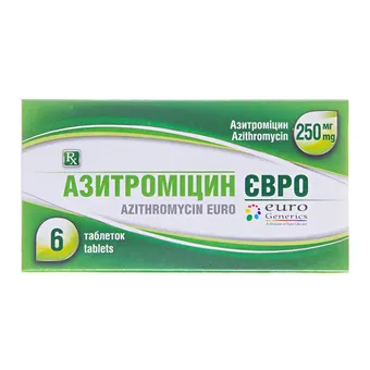 Фото товару «Азитроміцин Євро таблетки вкриті оболонкою 250мг №6 блістер»
